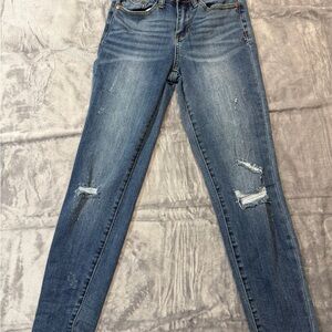 JUDY BLUE Relaxed Fit Mid Rise Distressed Jeans Sz 25 Dark Blue JB8271 DK